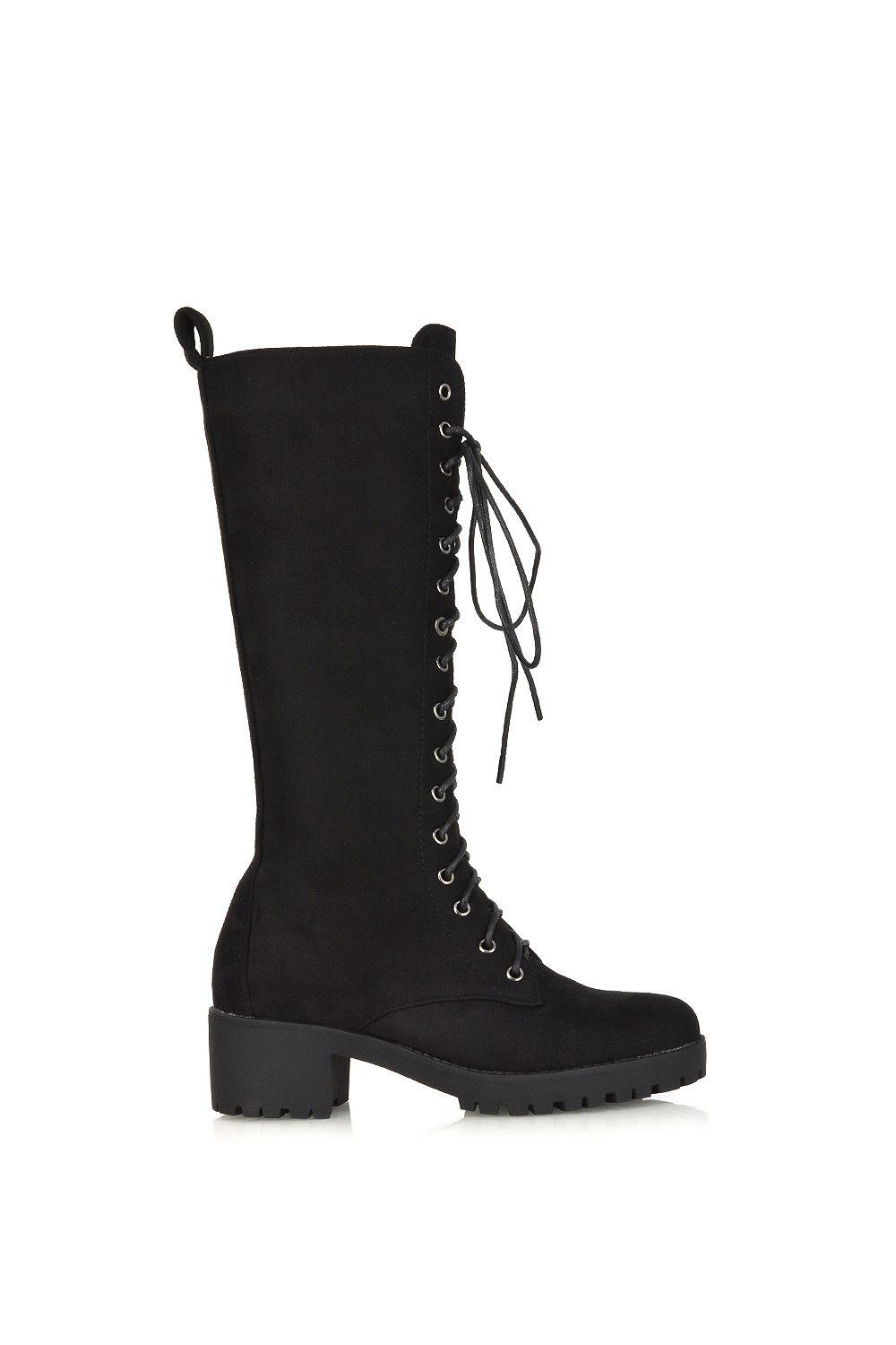 'Aspen' Lace Up Block High Heel Knee High Biker Boots by XY LONDON