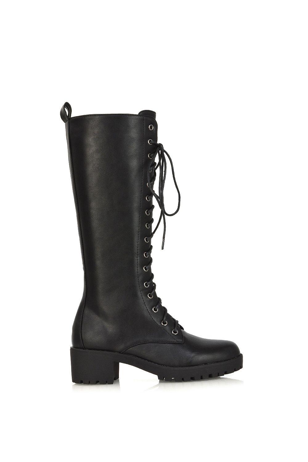 'Aspen' Lace Up Block High Heel Knee High Biker Boots by XY LONDON