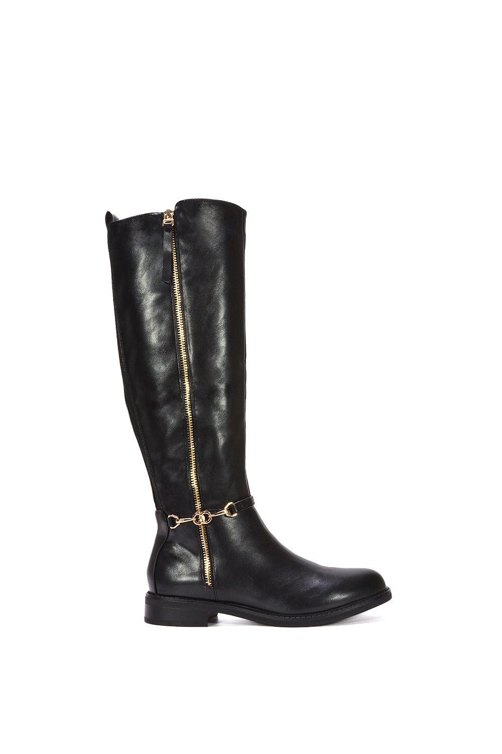 'Azalea' Knee High Zip Up Flat Low Heel Boots by XY LONDON