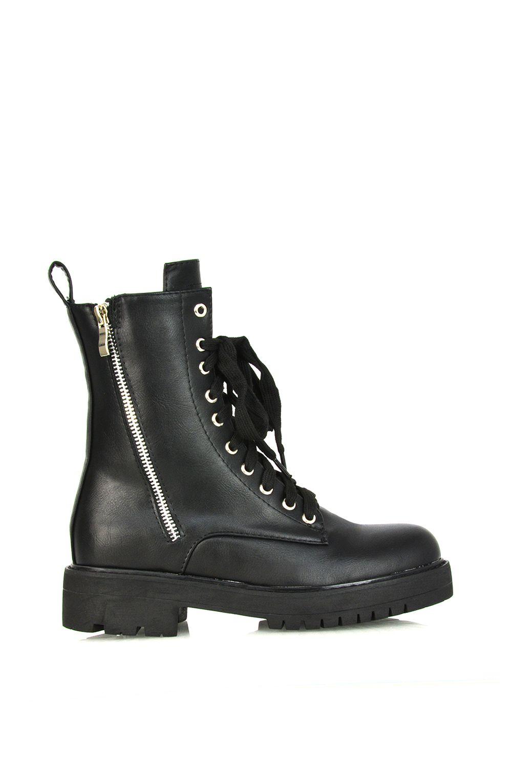 'Bianca' Flat Combat Lace up Chunky Military Ankle Boots by XY LONDON