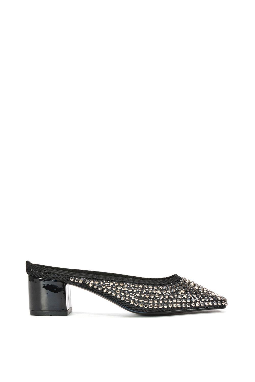 'Brooklyn' Square Toe Court Shoe Mule Block Heels With Crystal Mesh by XY LONDON