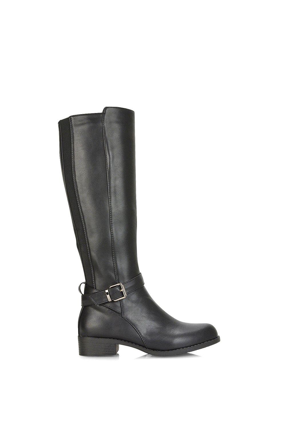 'Cameron' Elasticated Low Block Heel Knee High Boots With Buckle Detail by XY LONDON