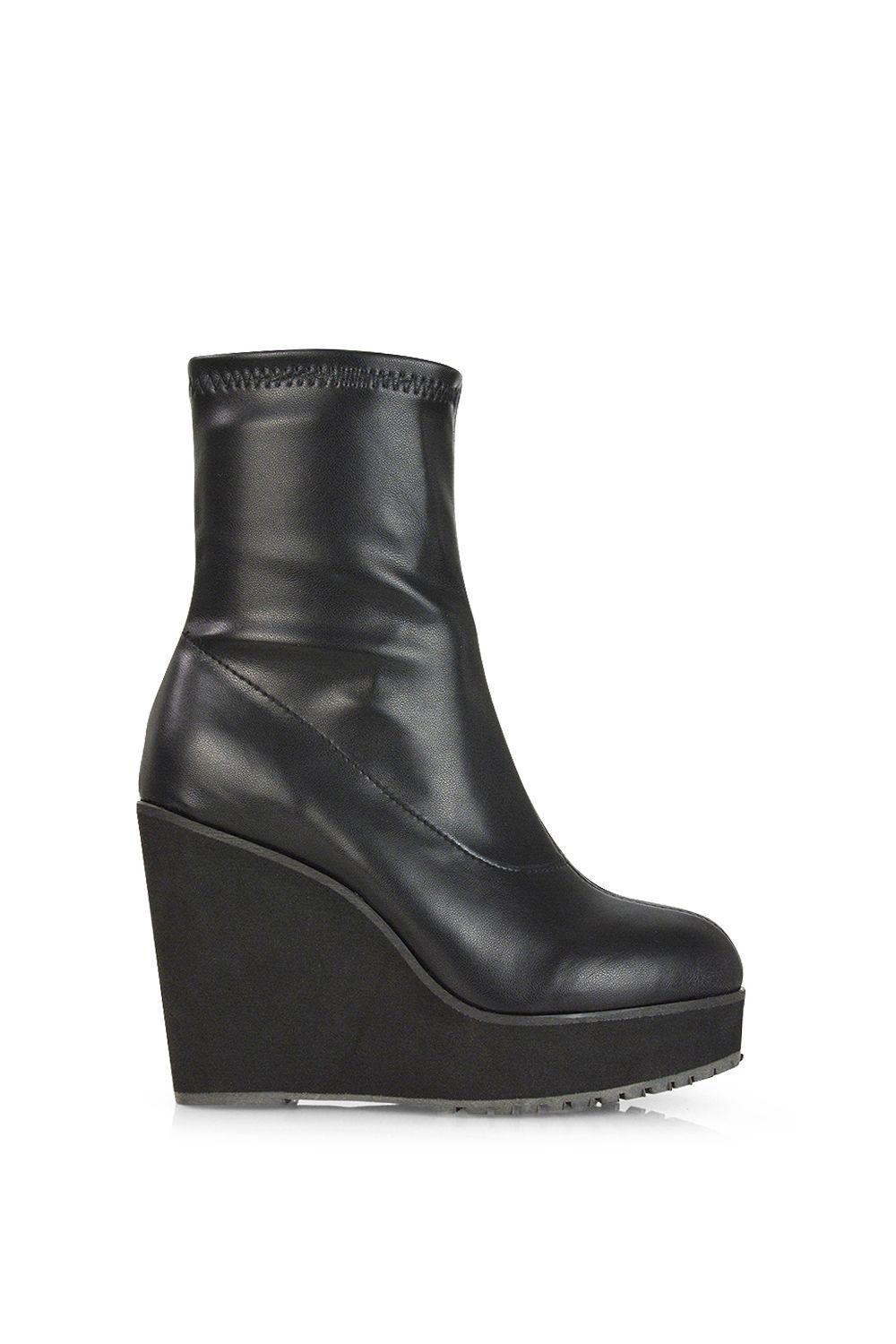 'Camille' Platform Wedge Heeled Sock Biker Ankle Boots by XY LONDON