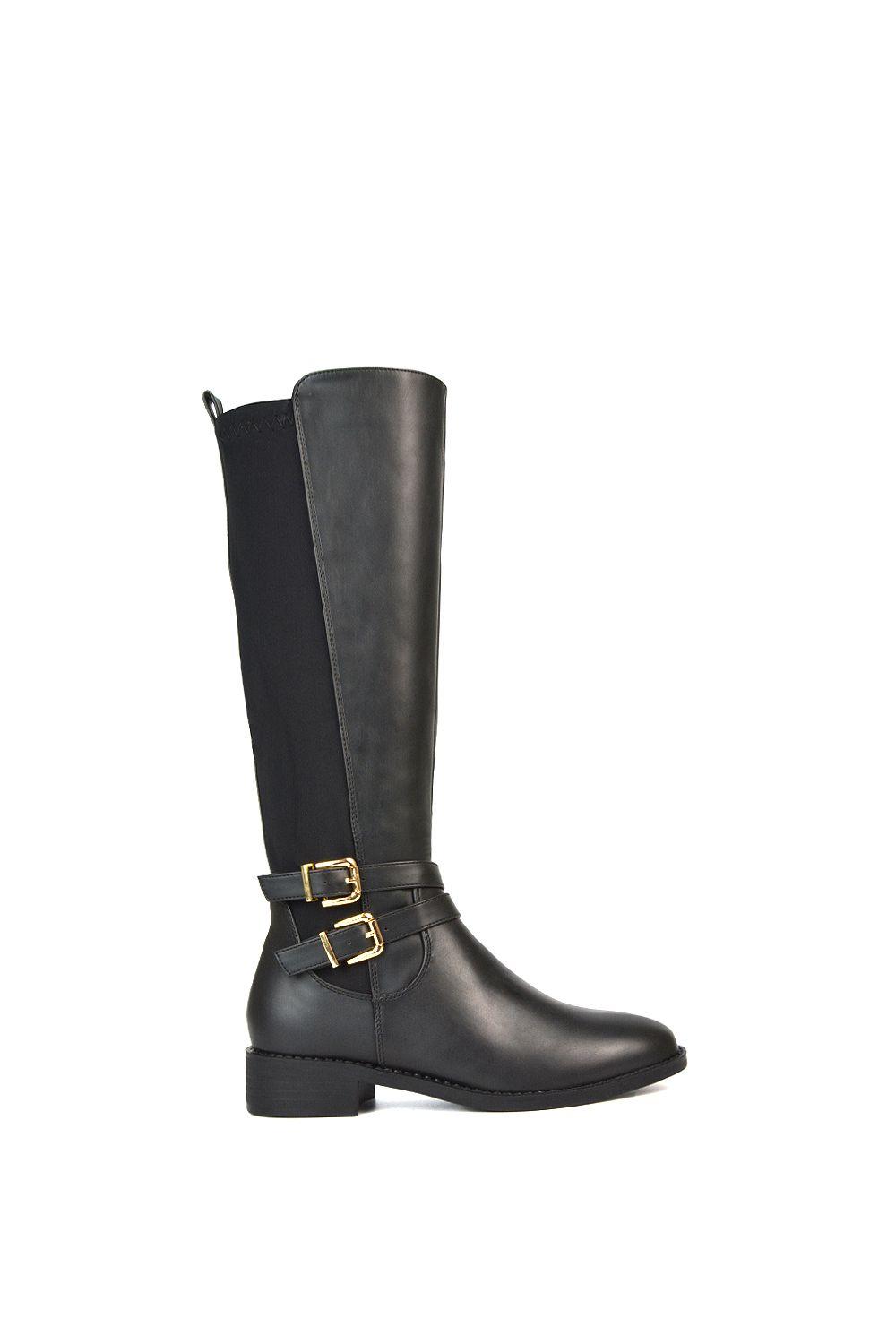 'Charlie'' Flat Heel Zip Up Knee High Stretchy Boots With Buckle by XY LONDON