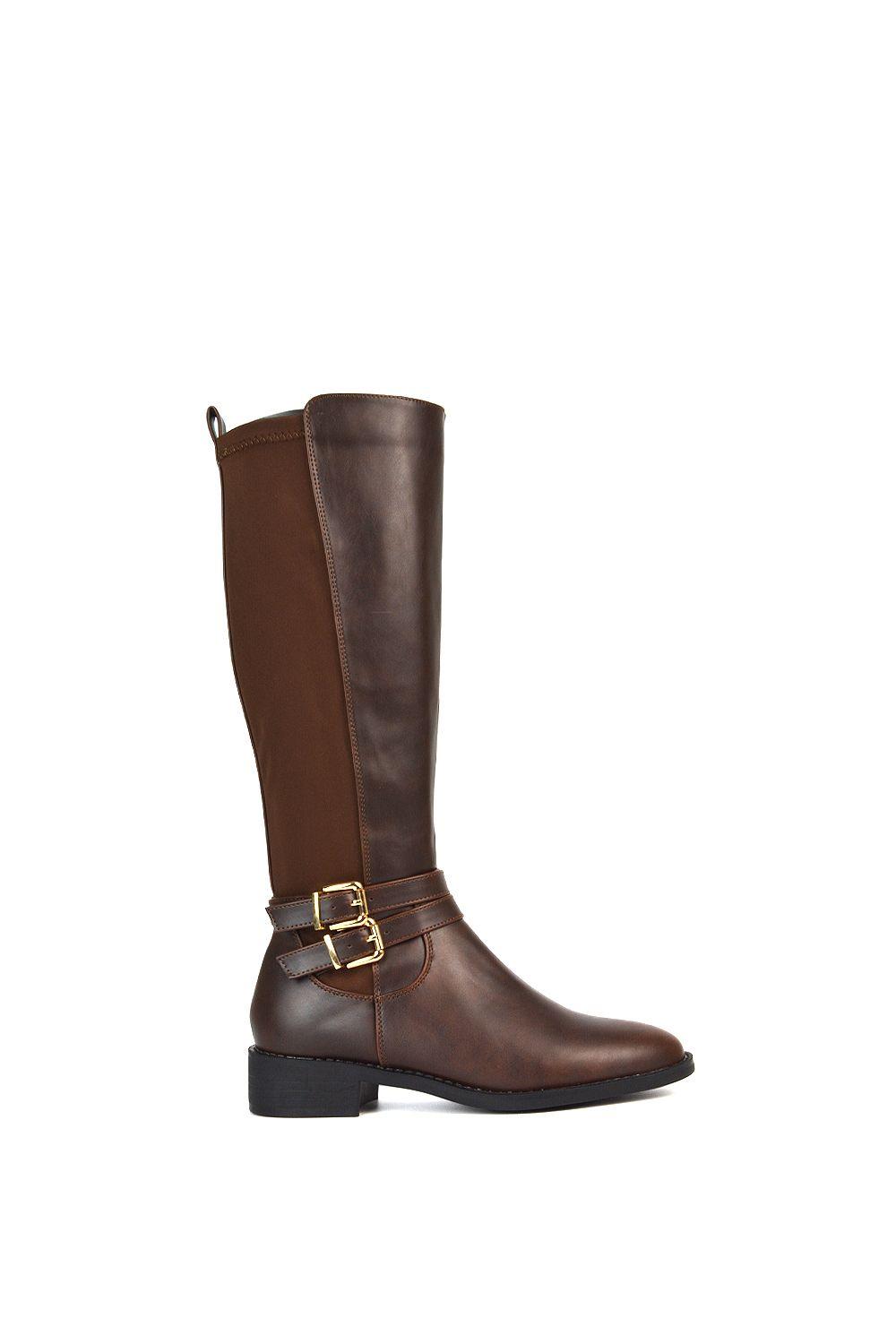 'Charlie'' Flat Heel Zip Up Knee High Stretchy Boots With Buckle by XY LONDON