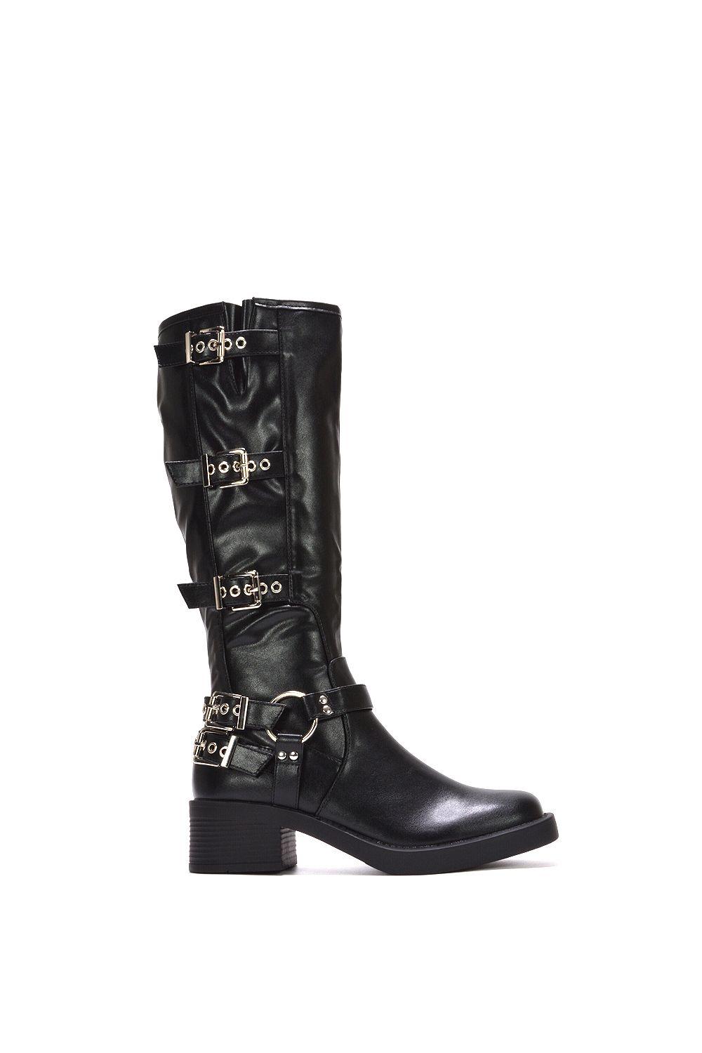 'Cobra' Harness Square toe Knee High Biker Boots by XY LONDON