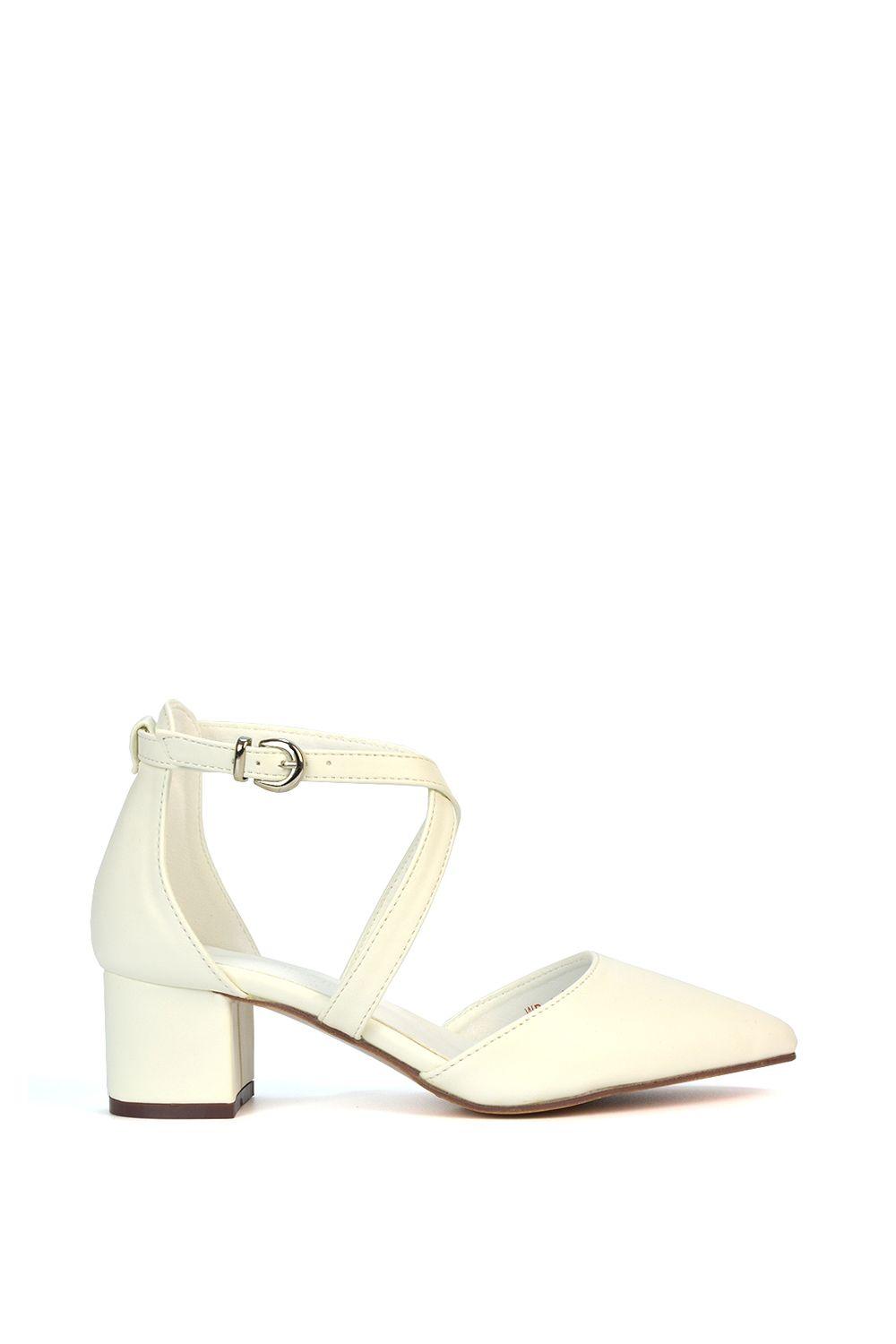 'Cynthia' Pointed Toe Ankle Strap Mid Block Heel Court Shoes by XY LONDON
