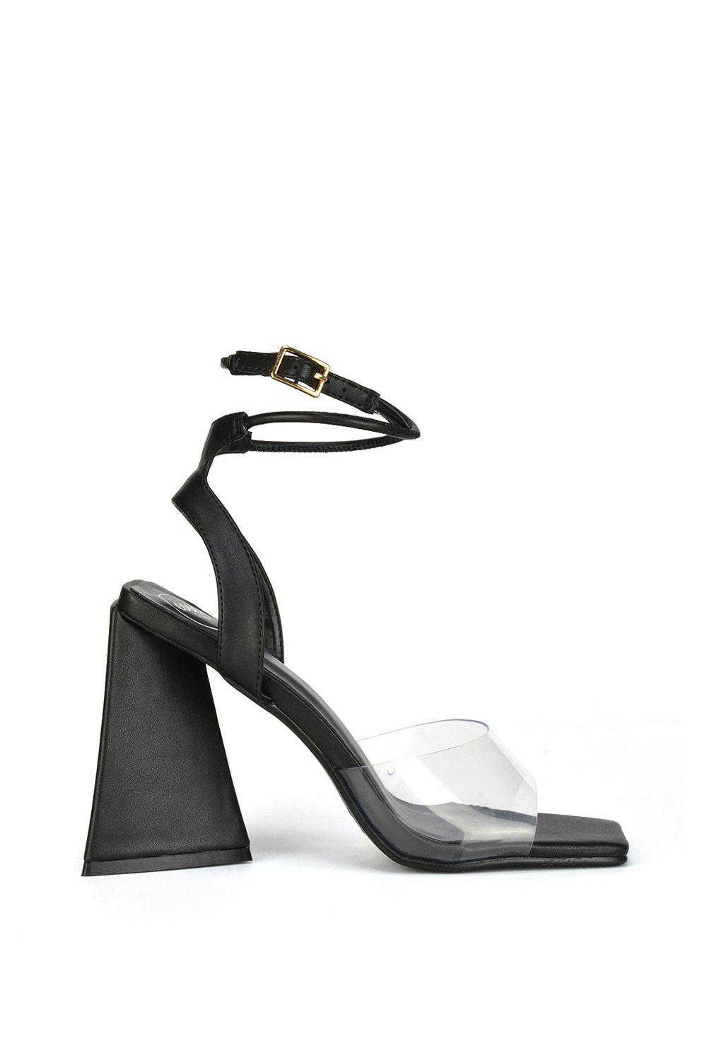 'Dahlia' Lace Up Ankle Strappy Perspex Square Toe Chunky Block High Heels by XY LONDON