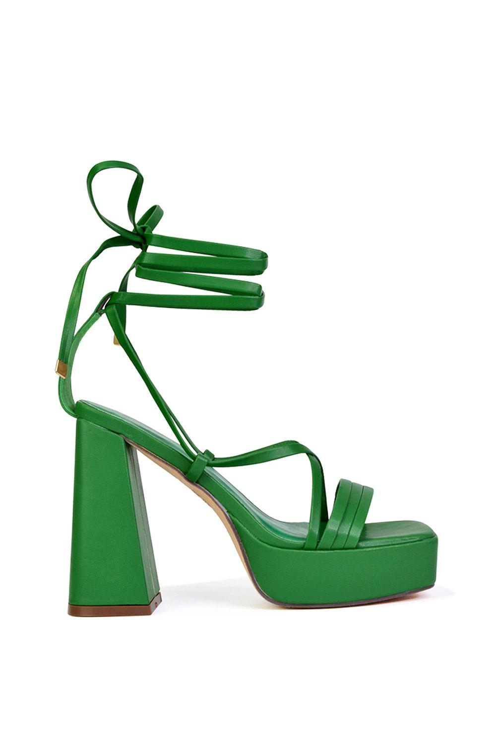 'Eden' Square Toe Lace Up Strappy Platform Flared Block High Heels by XY LONDON