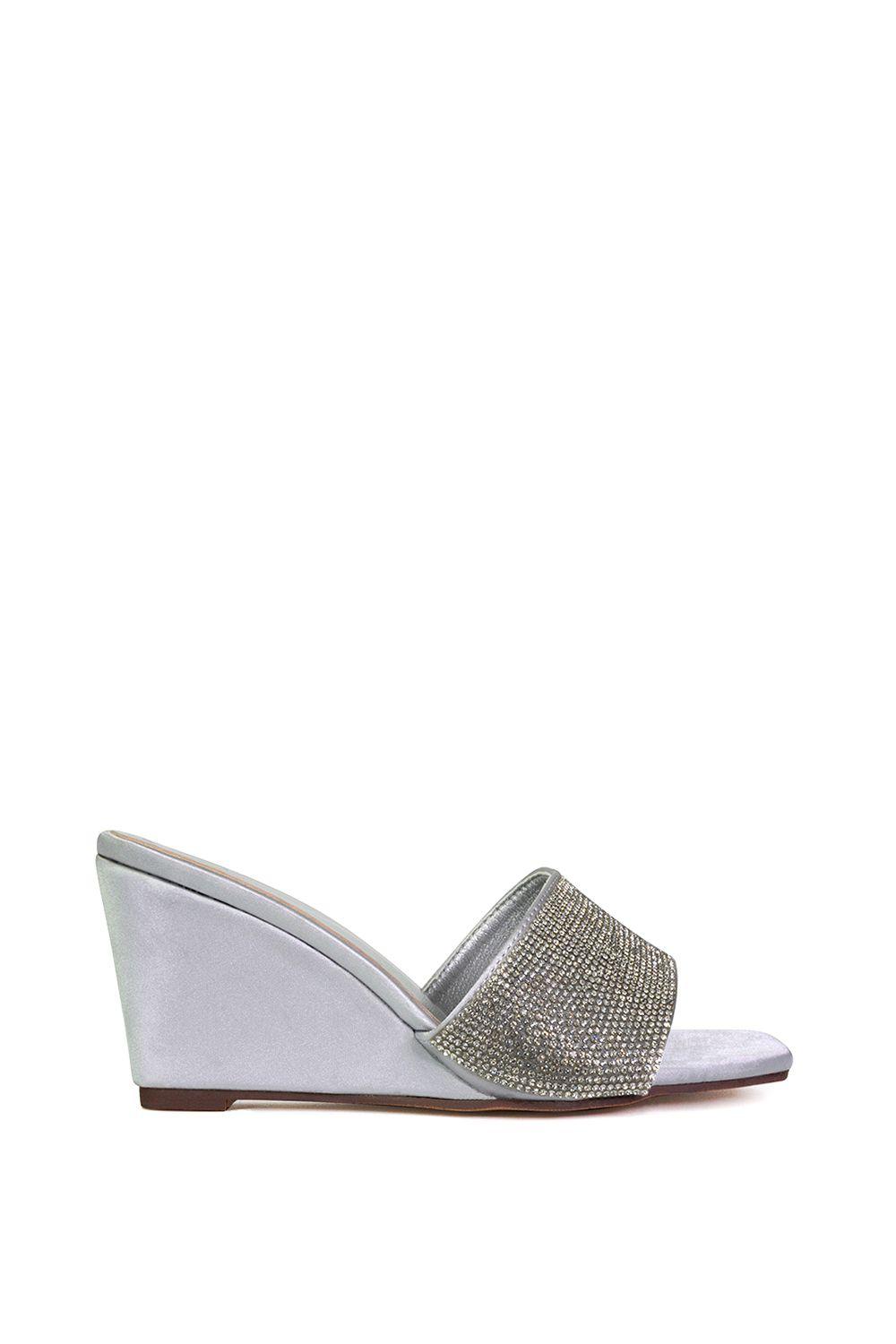 'Eliza' Slip On Mule Diamante Sandal Wedge Heels With Square Toe by XY LONDON