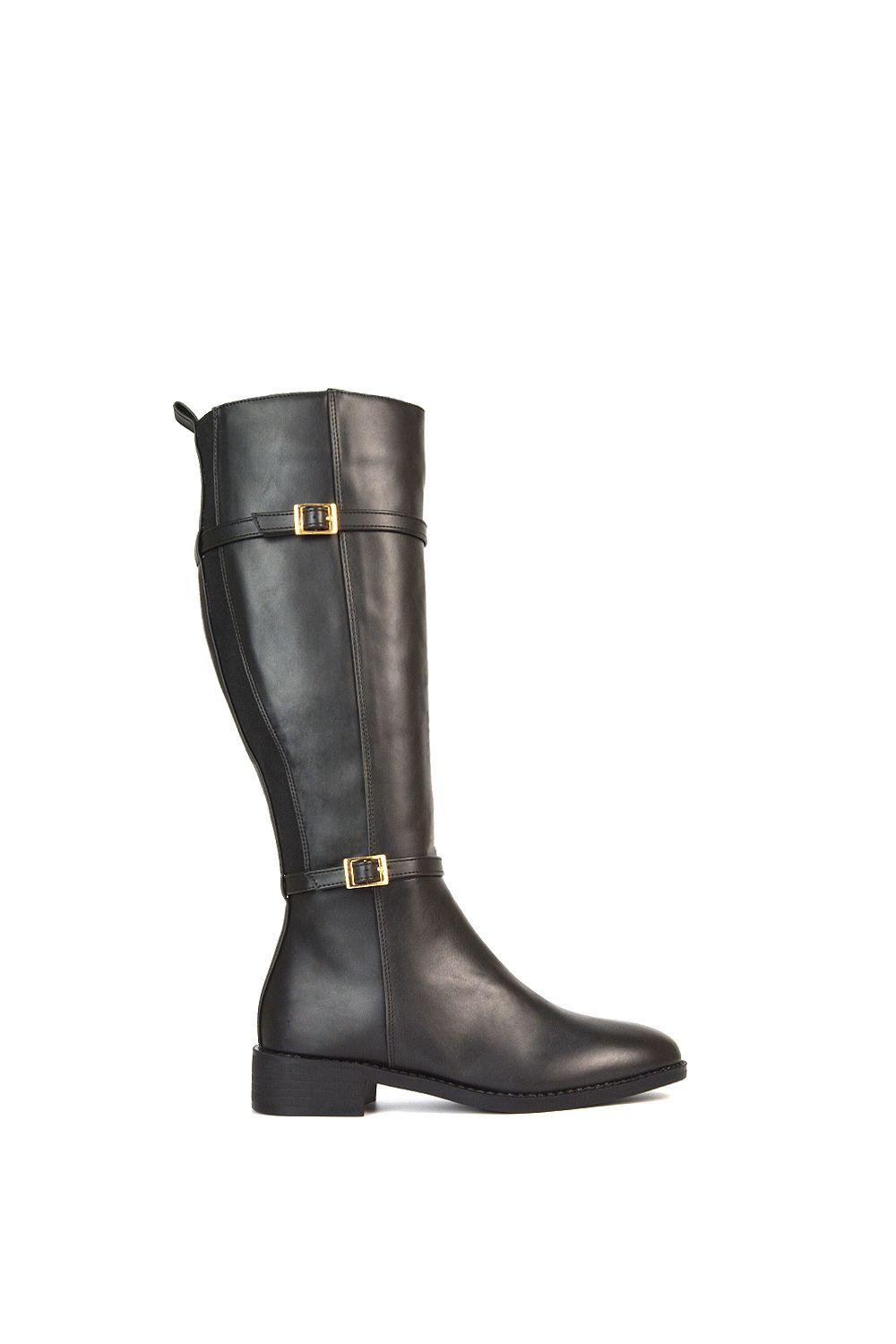 'Ellis' Flat Heel Stretch Knee High Long Boots With Buckle Details by XY LONDON