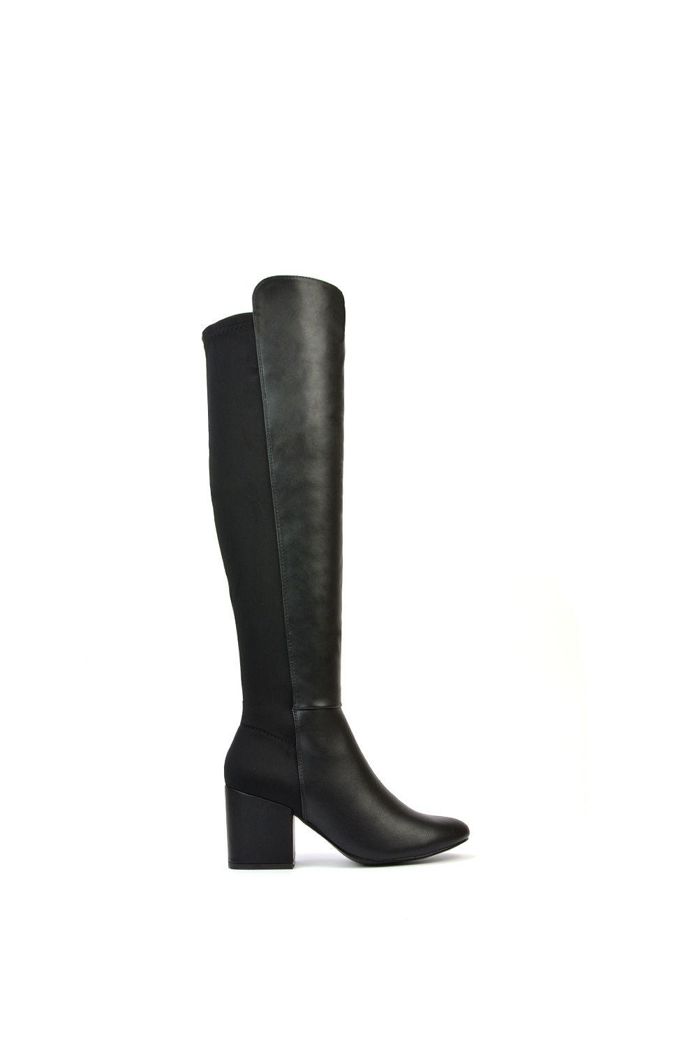 ‘Falcon’ Knee High Boots Elasticated Calf Fit Mid Block Heel by XY LONDON