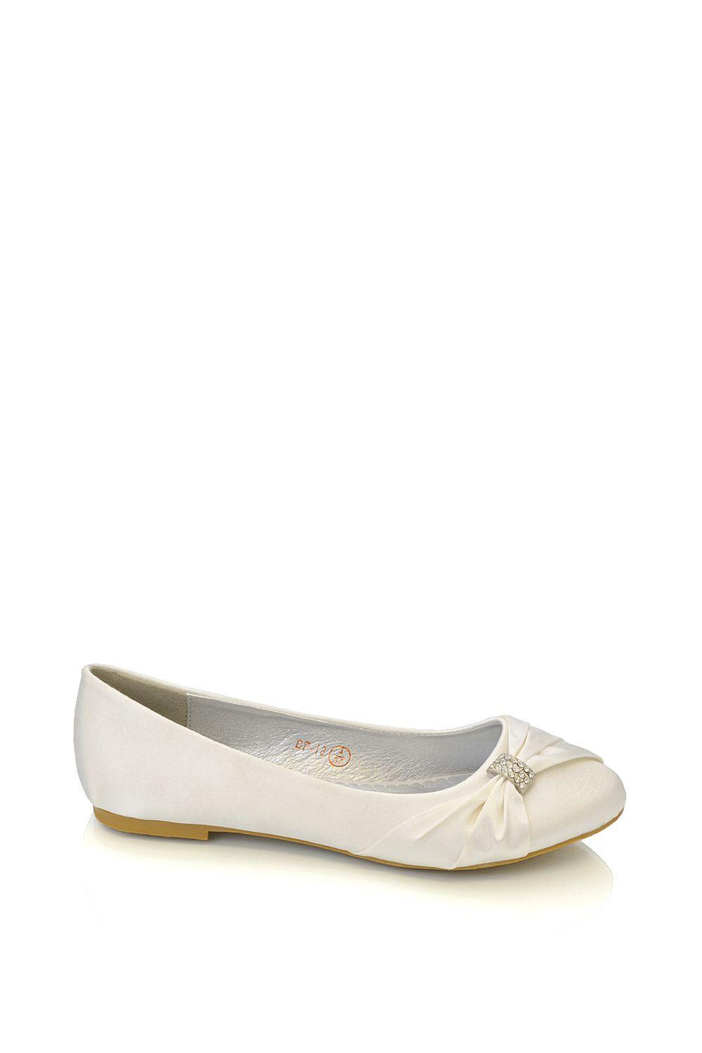 'Gabriela' Flat Ruched Diamante Sparkly Brooch Classic Wedding Bridal Ballerina Pumps by XY LONDON