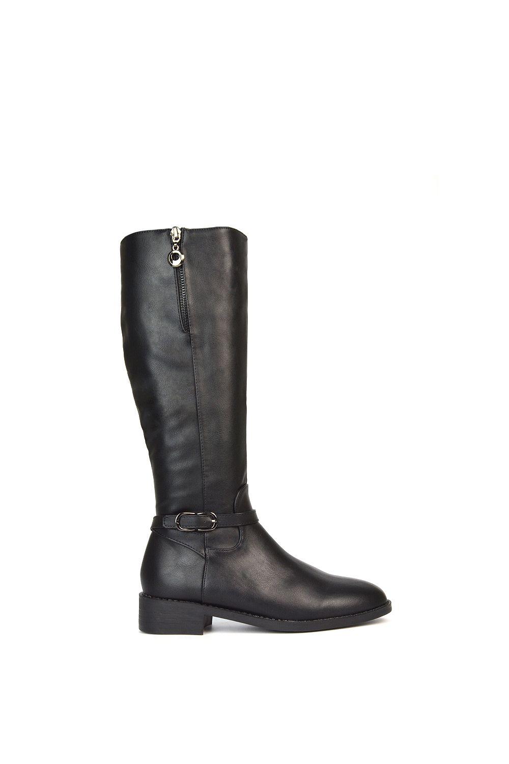 'Georgina' Knee High Boots Low Heel Zip Up Calf Riding Biker With Ankle Strap by XY LONDON