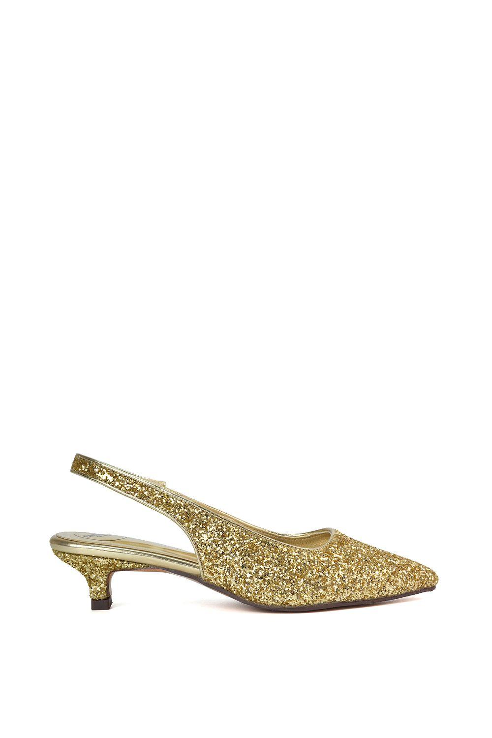 'Gerri' Pointed Toe Glitter Slingback Kitten Heel Court Shoes by XY LONDON