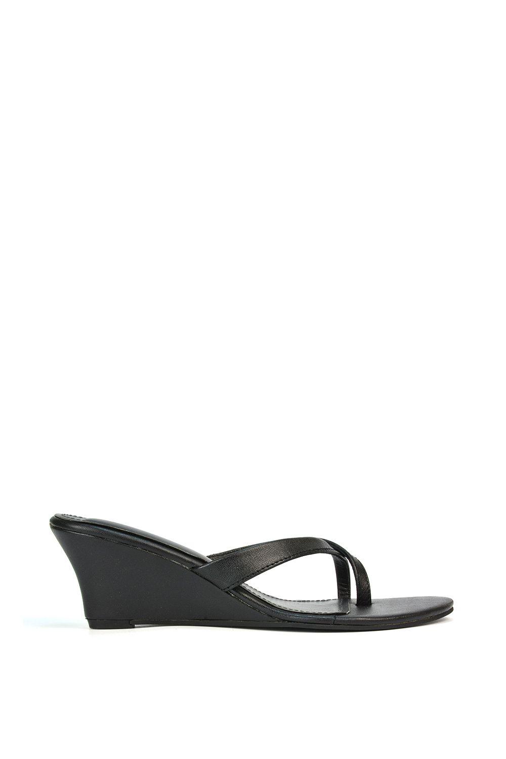 'Hattie' Leather Low Wedge Heel Sandal Shoes With Toe Post by XY LONDON