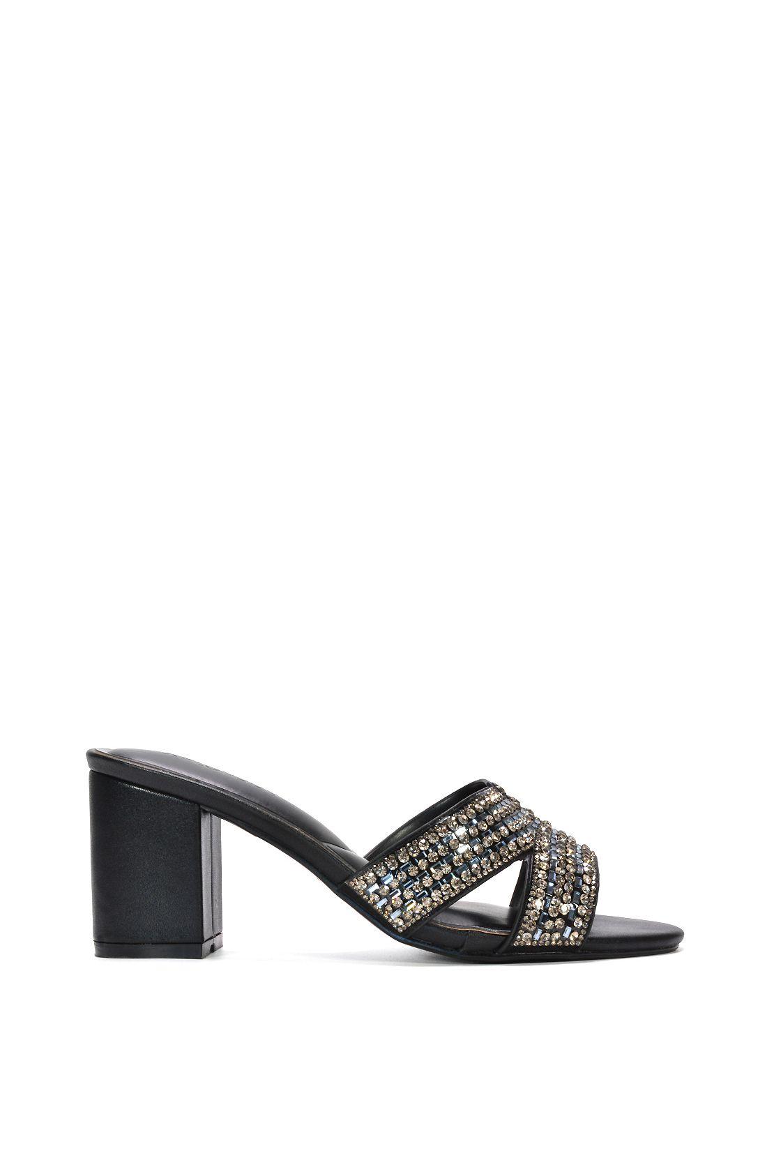 'Julian' Sparkly Diamante Strappy Mid Block Heeled Sandal Mules by XY LONDON
