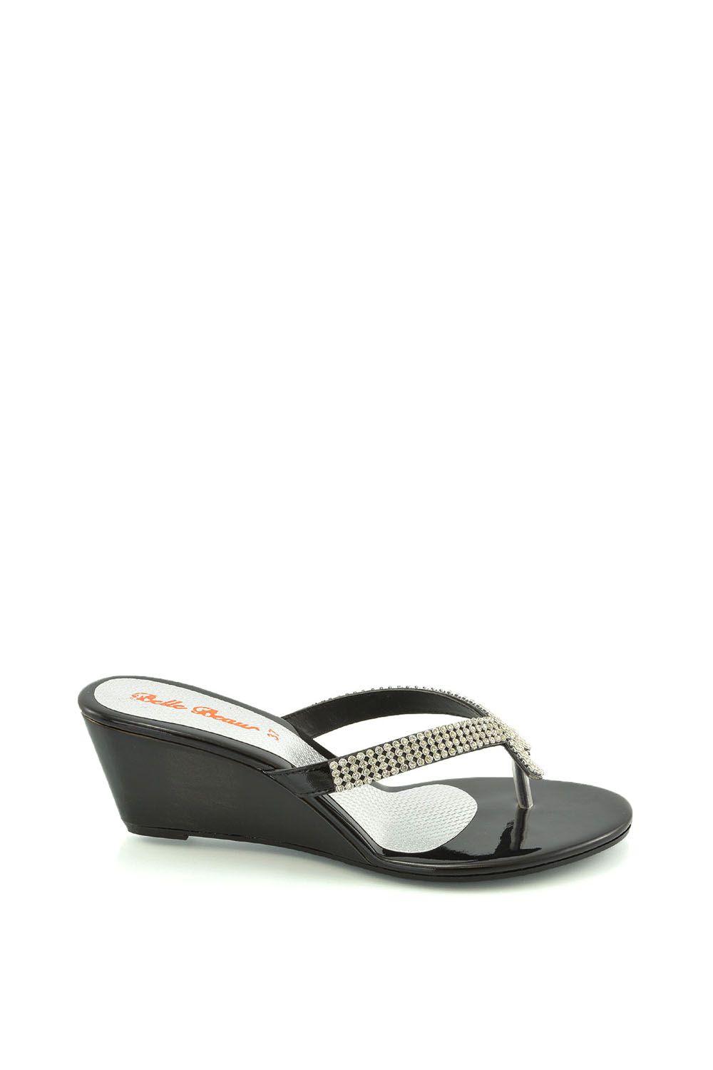 'Julietta' Diamante Toe Post Slip on Wedge Heel Sandals by XY LONDON