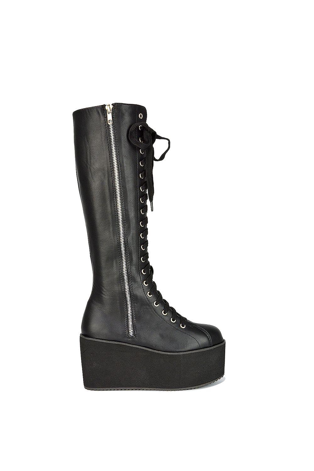 'Kalani' Platform Knee High Boots Lace Up Goth With Deco Zip by XY LONDON