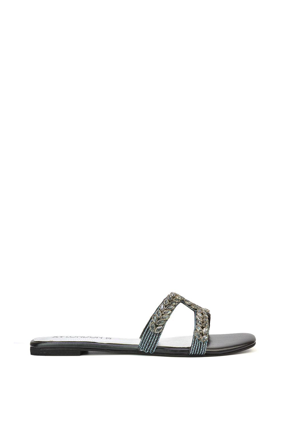'Kane' Slip On Cut Out Square Toe Diamante Flat Sandals Sliders by XY LONDON