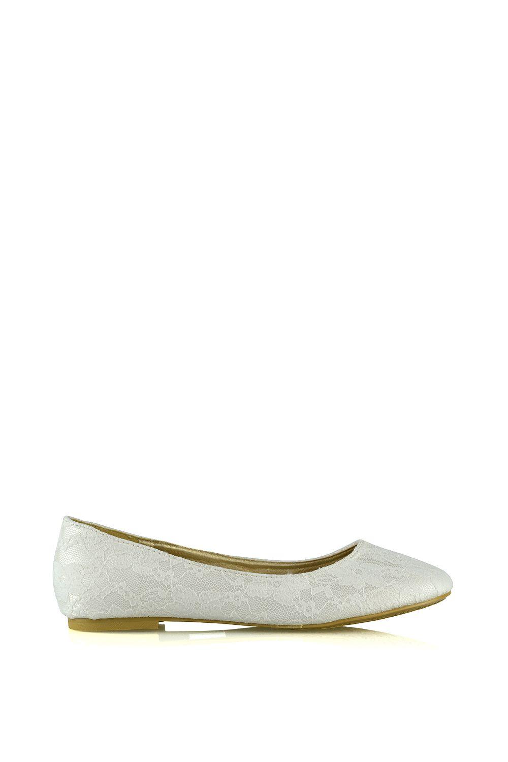 'Keva' Round Toe Lace Detail Slip on Wedding Flats Ballerina Bridal Pumps by XY LONDON