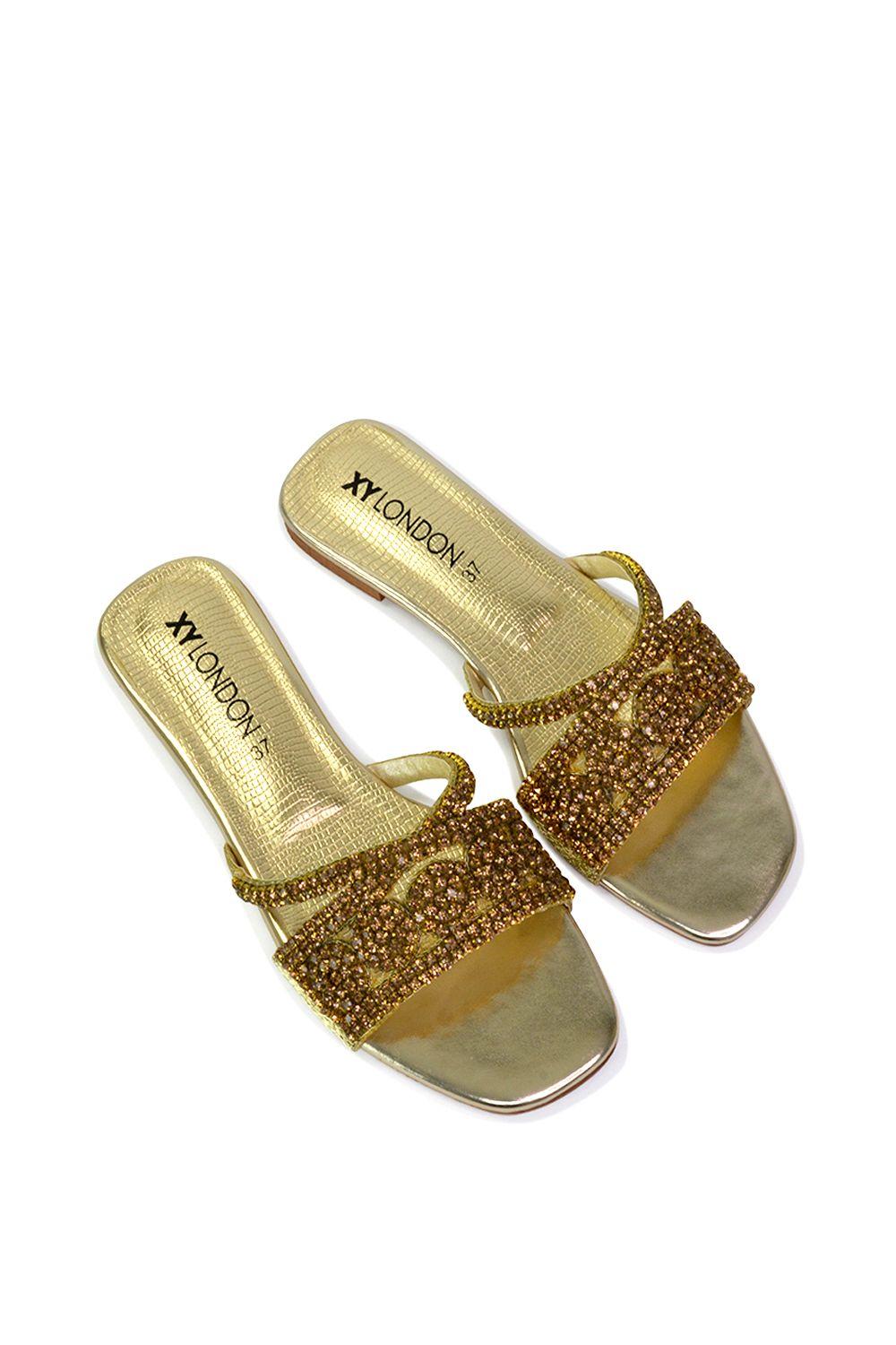 'Kingsley' Embellished Diamante Flat Slip On Sliders by XY LONDON
