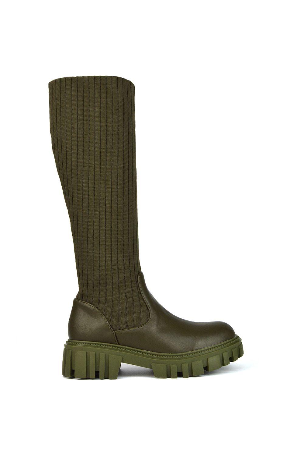 'Kirsten' Knitted Sock Knee High Boots with Chunky Sole by XY LONDON