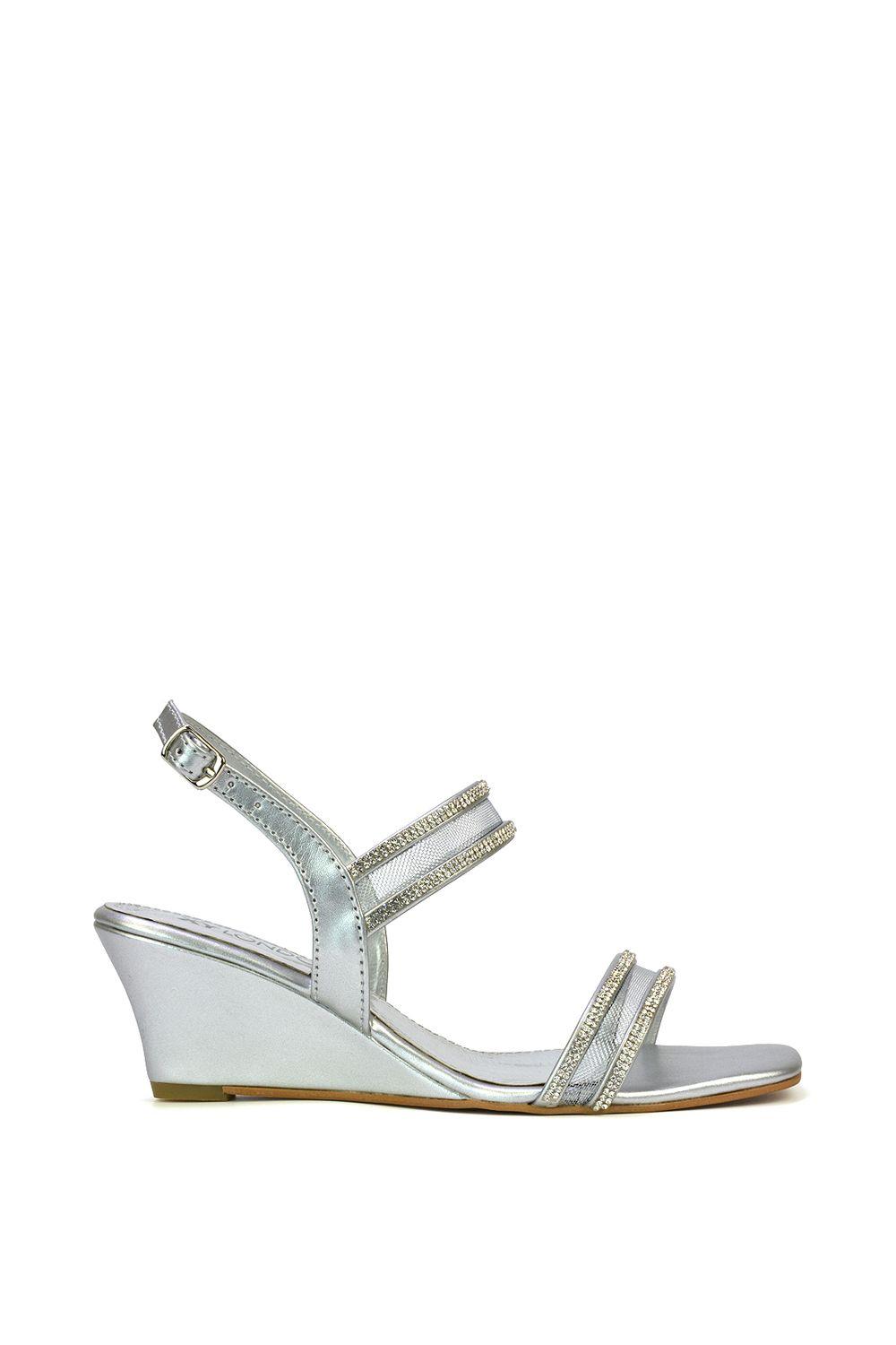 'Lacey' Strappy Diamante Mesh Square Toe Mid Heel Wedge Sandals by XY LONDON