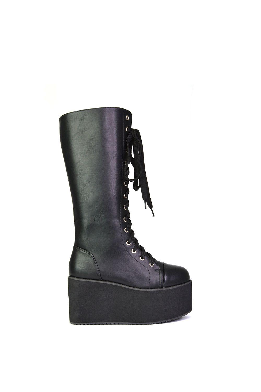 'Liz' High Flatform Lace Up Biker Calf Boots by XY LONDON
