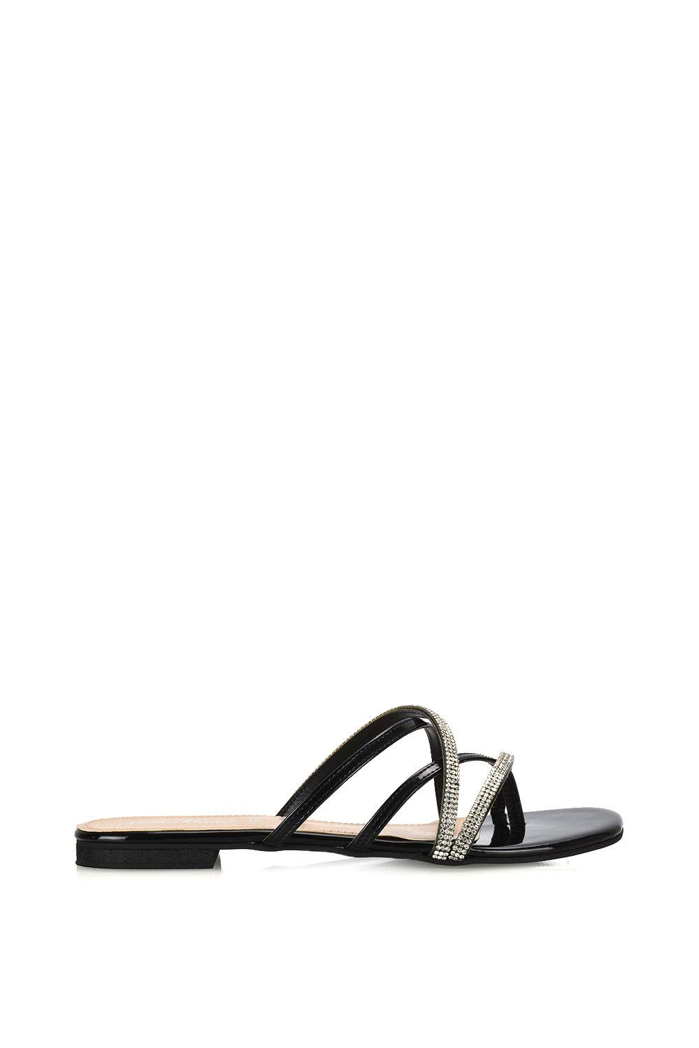 'Loretta' Cross Over Strappy Slip On Flat Diamante Sandals by XY LONDON