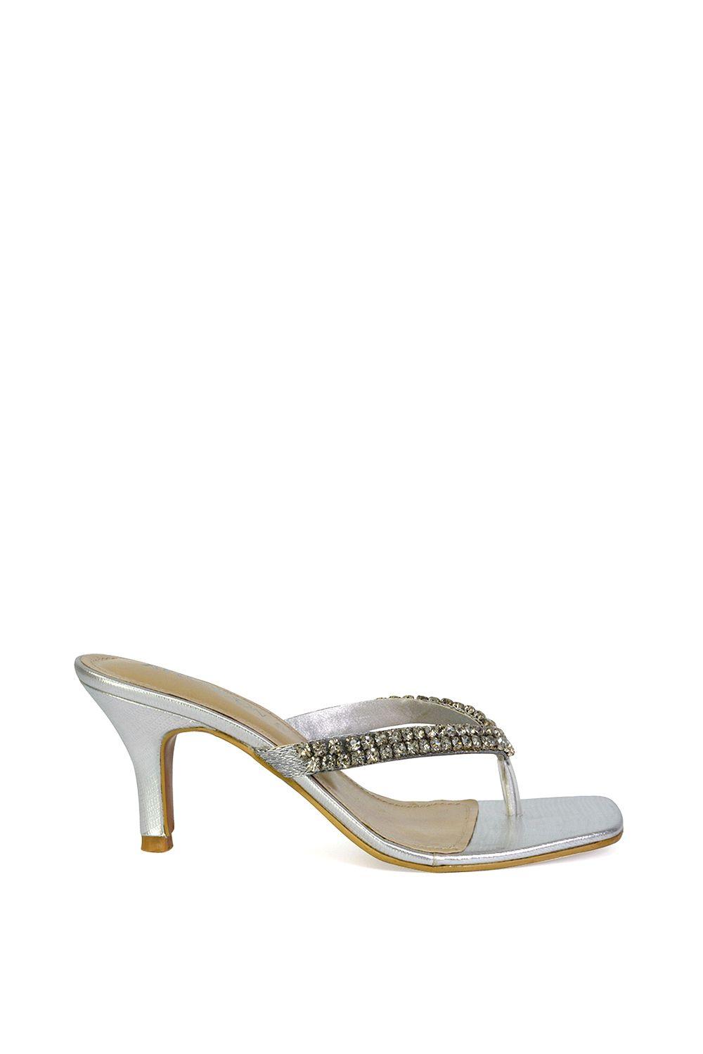 'Lynn' Embellished Diamante Kitten Heel Mule Sandals With Toe Thong by XY LONDON 'Lynn' Embellished Diamante Kitten Heel Mule Sandals With Toe Thong by XY LONDON