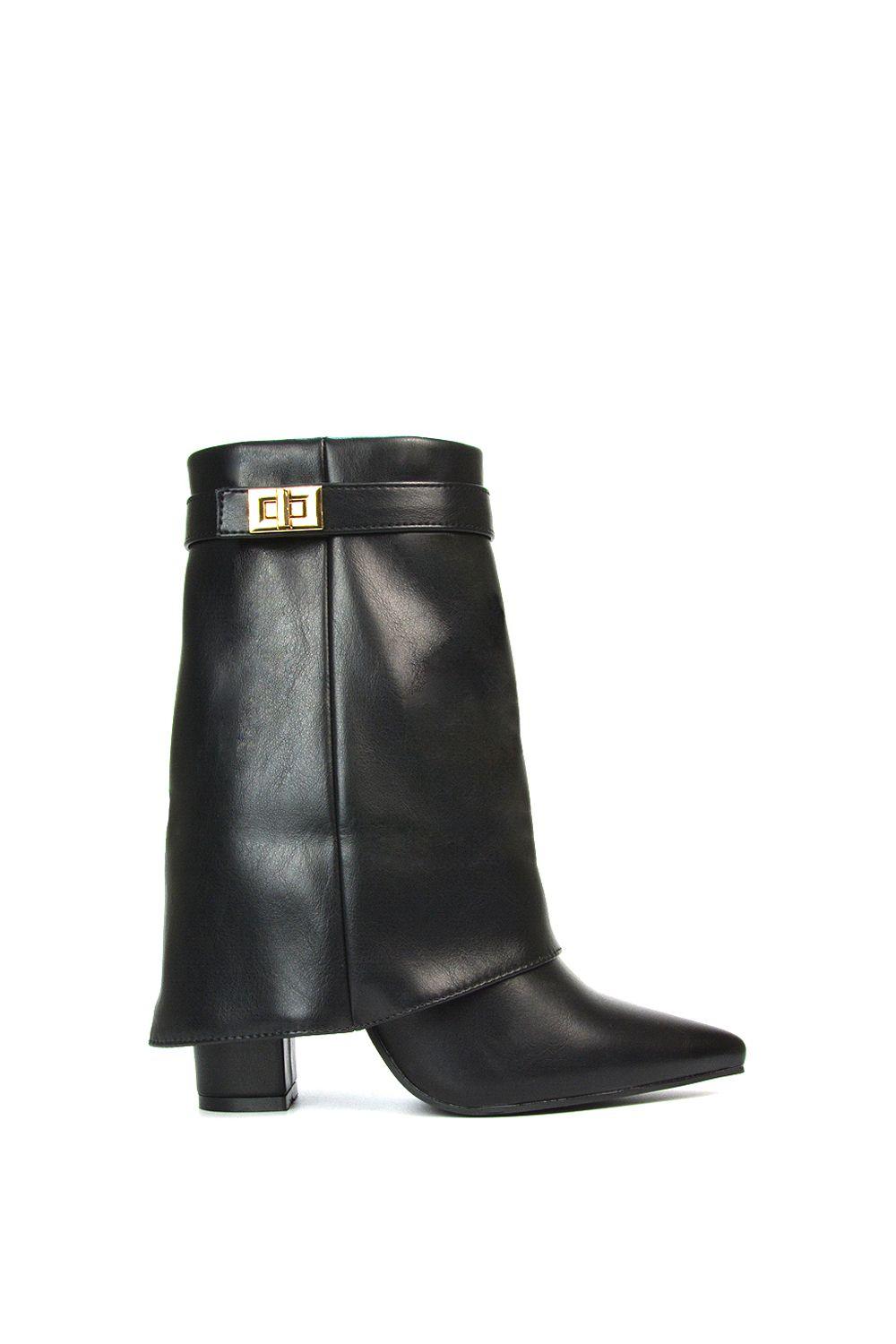 'Maggie' Pointed Toe Overlap Ankle Calf Boots With Block Heel by XY LONDON