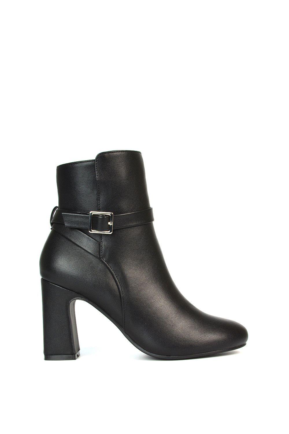 'Mary' Block Mid High Heel Shoe Booties With Buckle Strap by XY LONDON
