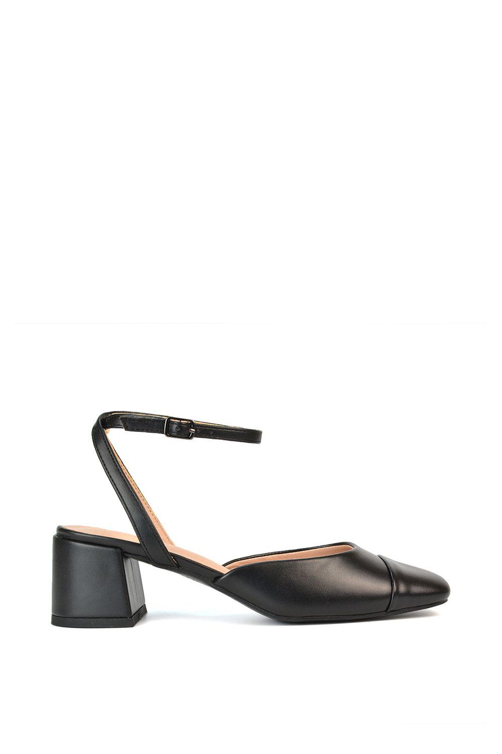 'Mavis' Low Mid Heel Square Toe Court Shoes With Ankle Strap by XY LONDON