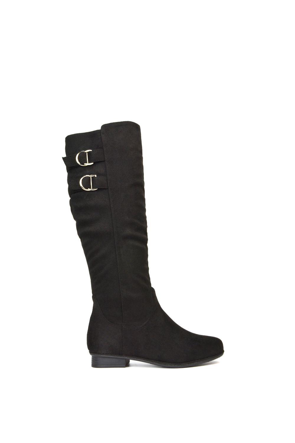 'Mia' Slouchy Flat Heel Knee High Boots With Buckle Detail by XY LONDON