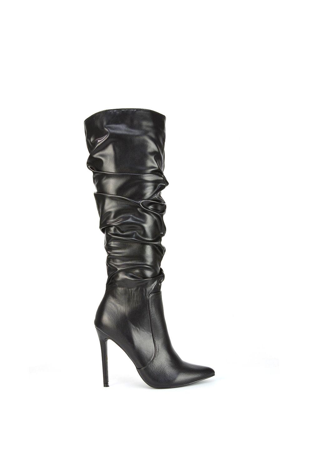 'Milani' Ruched Pointed Toe Stiletto Heel Knee High Boots by XY LONDON