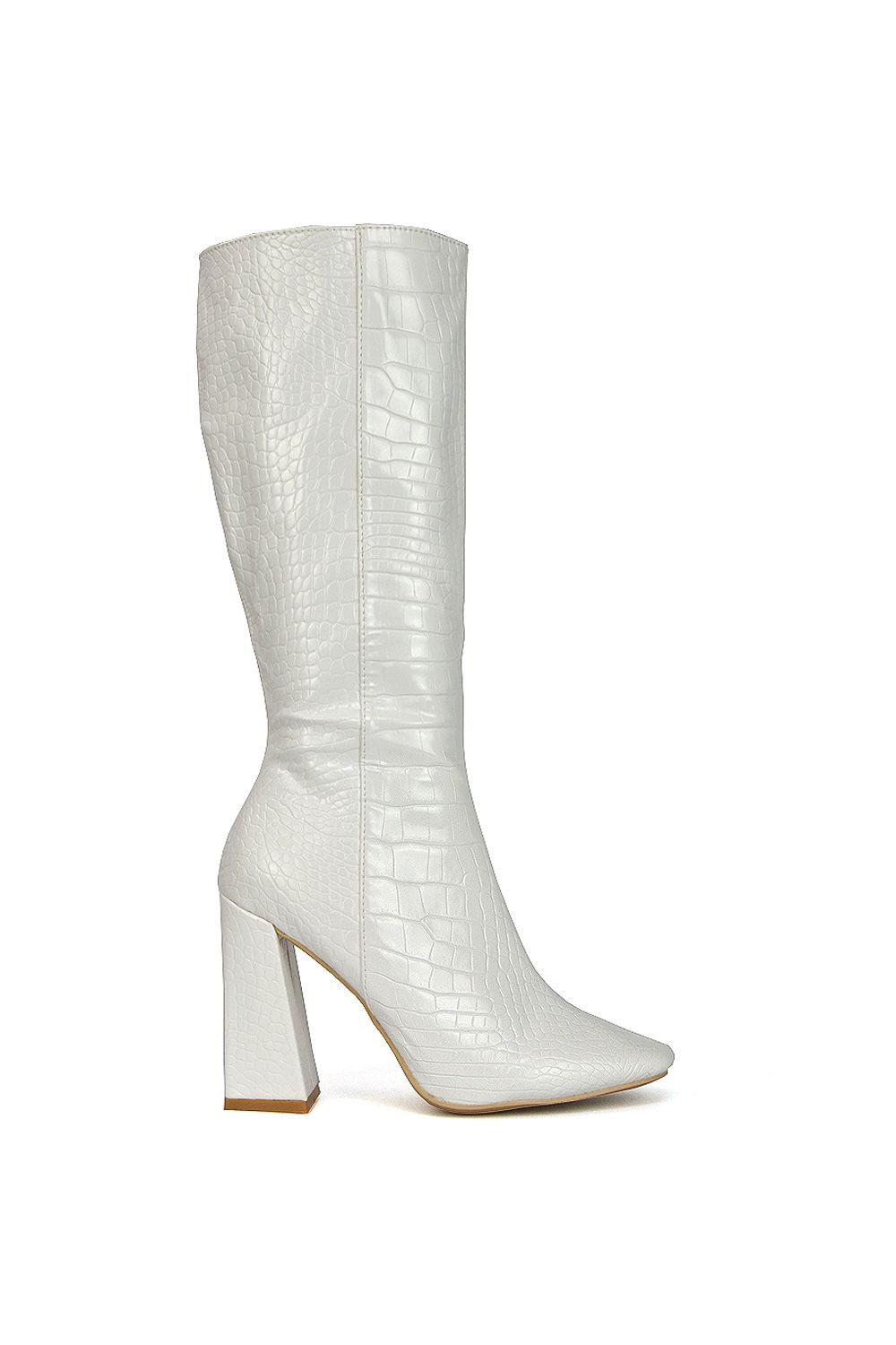 'Mina' Mid-Calf Heeled Boots Croc Print by XY LONDON