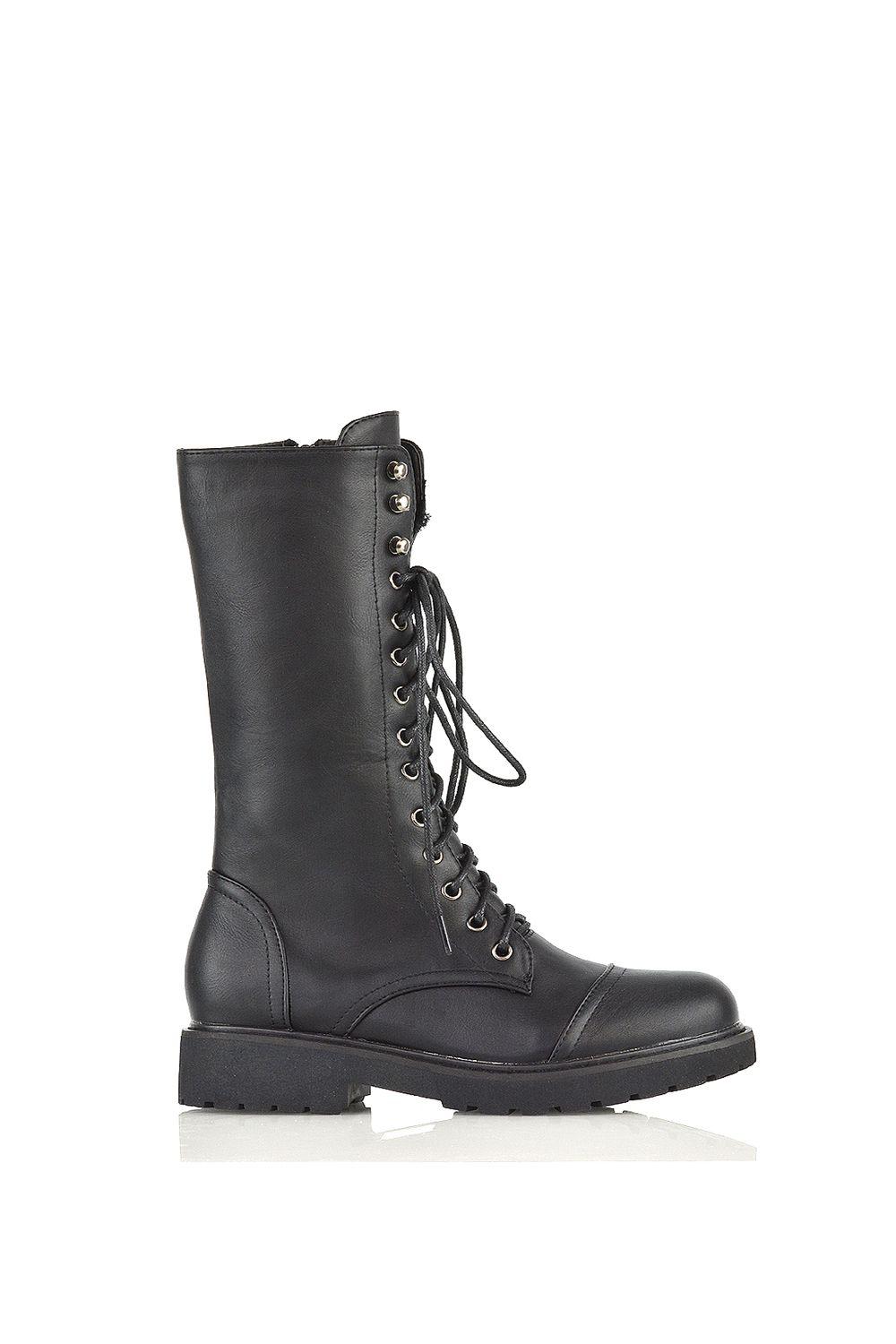 'Mulan' Knee High Chunky Mid-Calf Military Lace up Combat Boots by XY LONDON