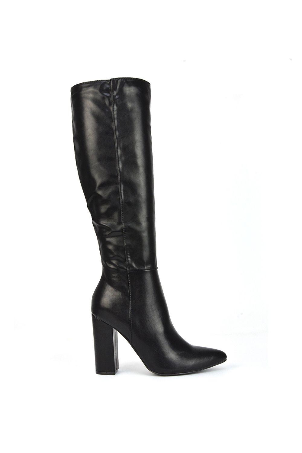 'Opal' Knee High Pointed Toe Block Heeled Long Boots by XY LONDON