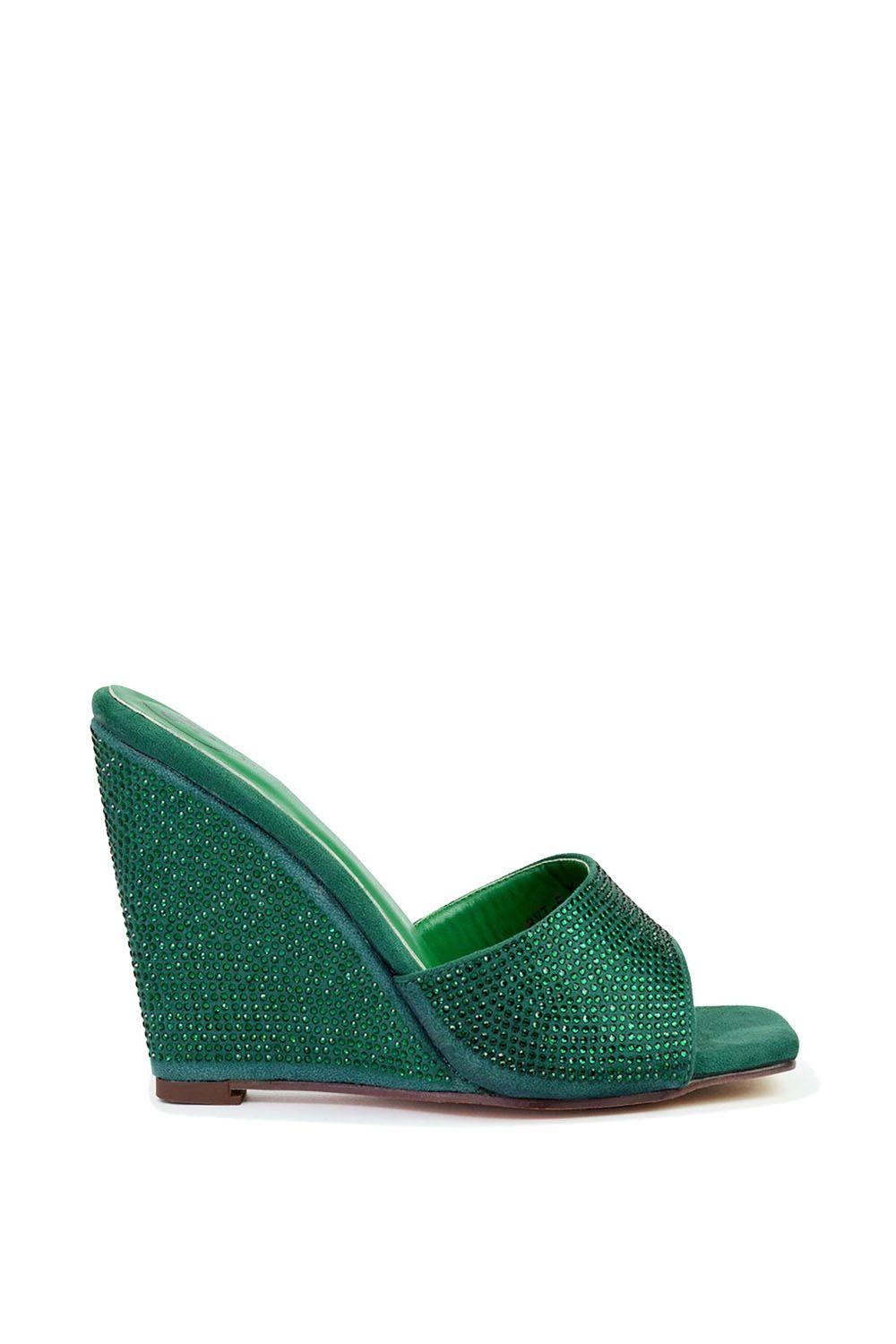 'Peggie' Slip On Wedge Heel Rhinestones Slip On Mules by XY LONDON