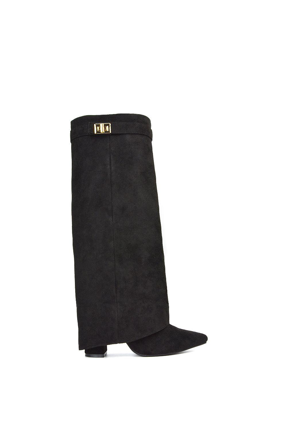 'Rayna' Block Heel Knee High Foldover Boots With Pointed Toe by XY LONDON