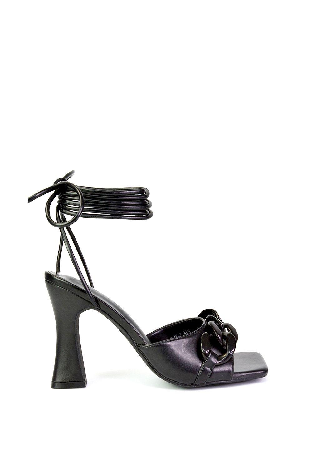 'Rhegan' Lace Up Chain Detail Square Toe Block High Heel Sandals by XY LONDON