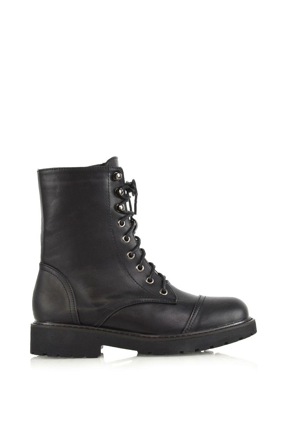 'River' Lace Up Military Combat Zip-up Flat Ankle Boots by XY LONDON