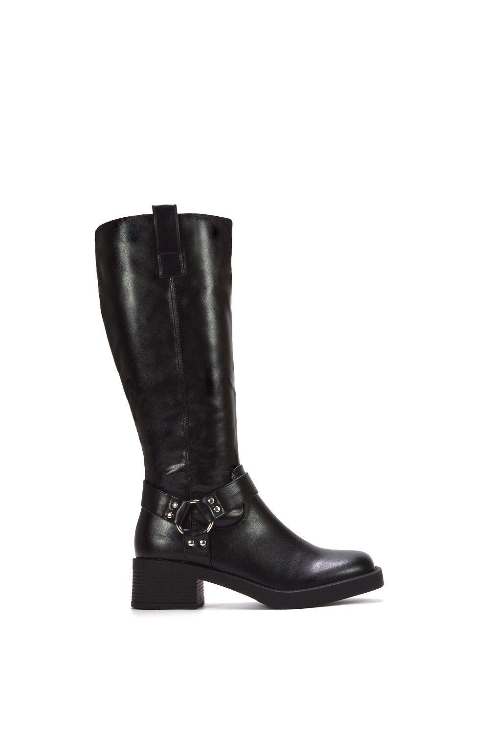 'Roma' Knee High Biker Mid Block Heel Western Boots by XY LONDON