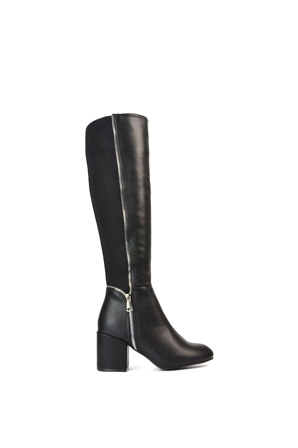 'Ronald' Silver Zip Up Knee High Boots With Mid Block Heel by XY LONDON