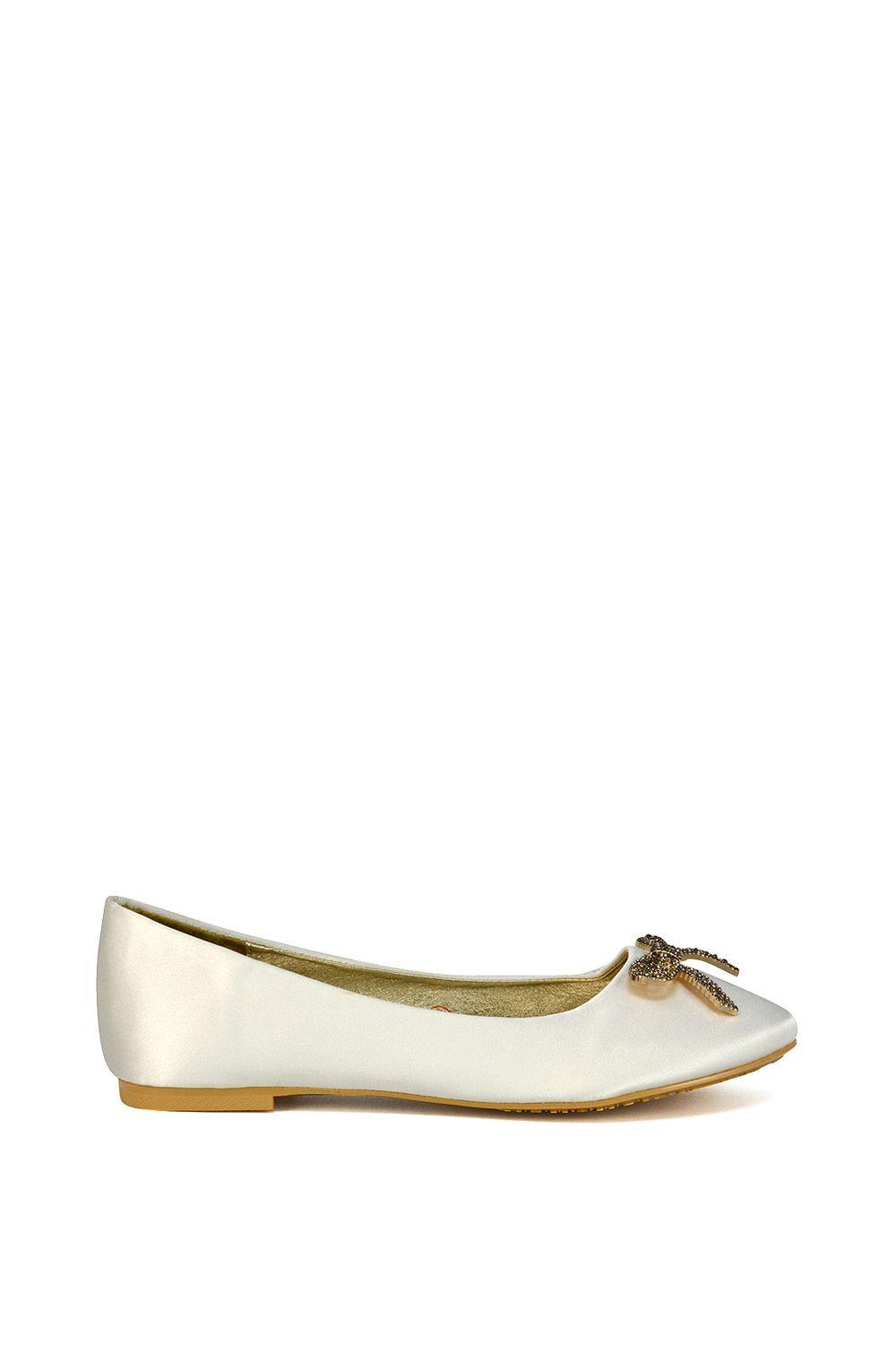 'Rory' Diamante Bow Flat Slip-on Wedding Bridal Pump Ballerina Shoes by XY LONDON
