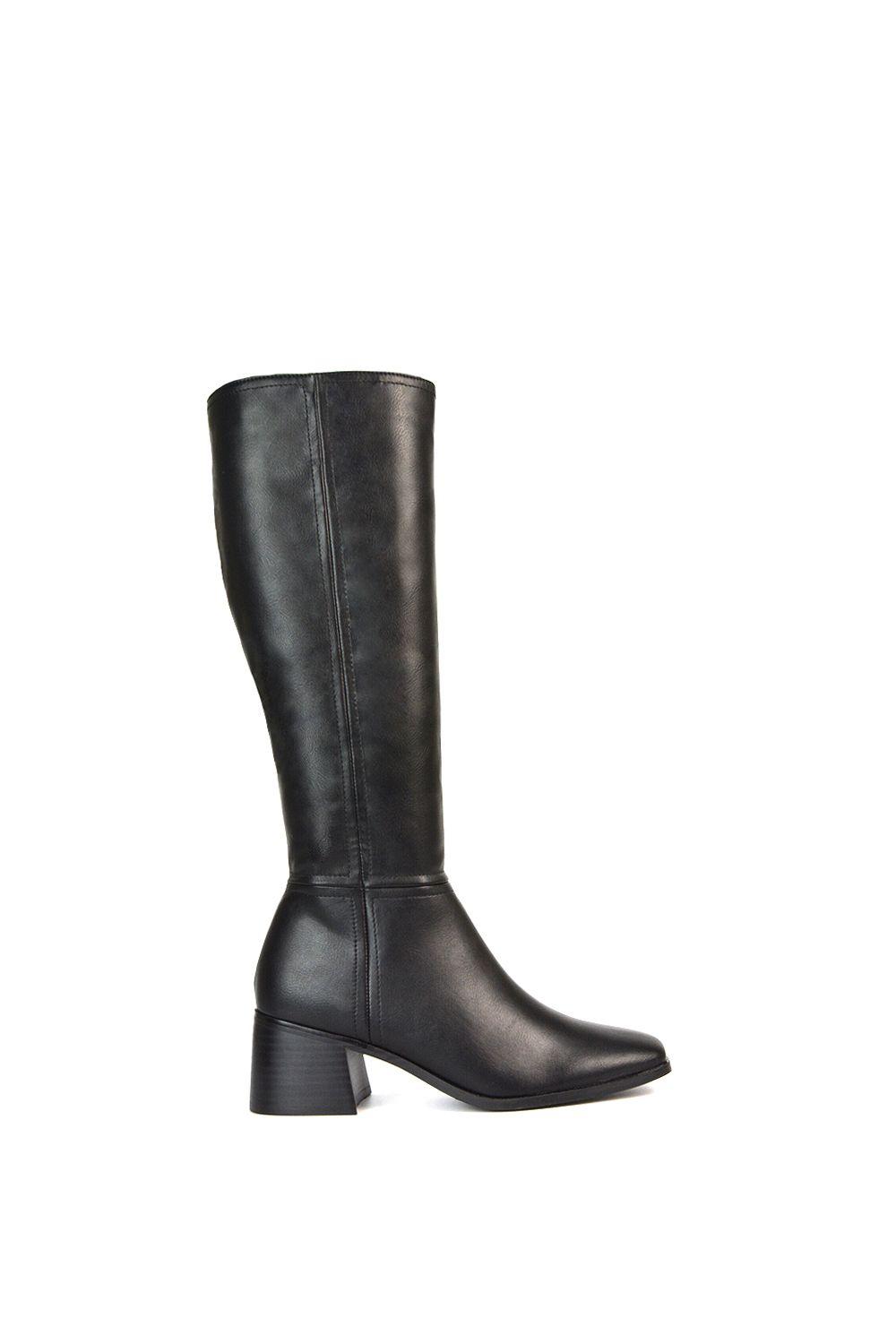 'Ruby' Square Toe Zip Up Knee High Calf Boots With Low Heel by XY LONDON