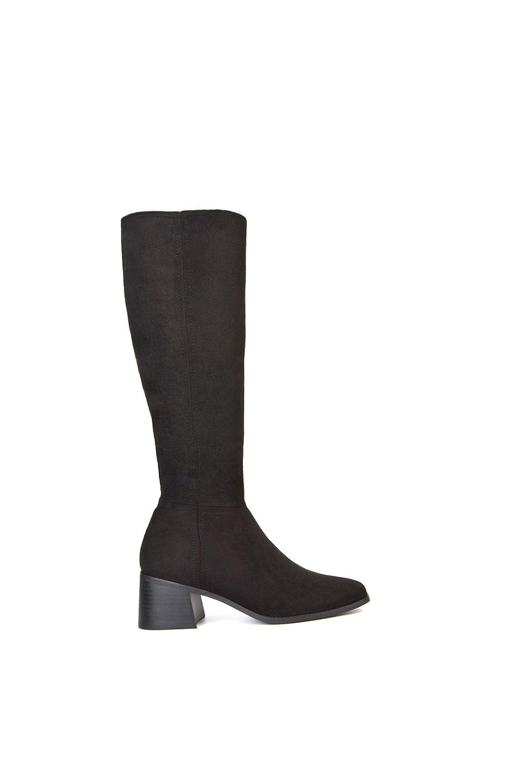 'Ruby' Square Toe Zip Up Knee High Calf Boots With Low Heel by XY LONDON