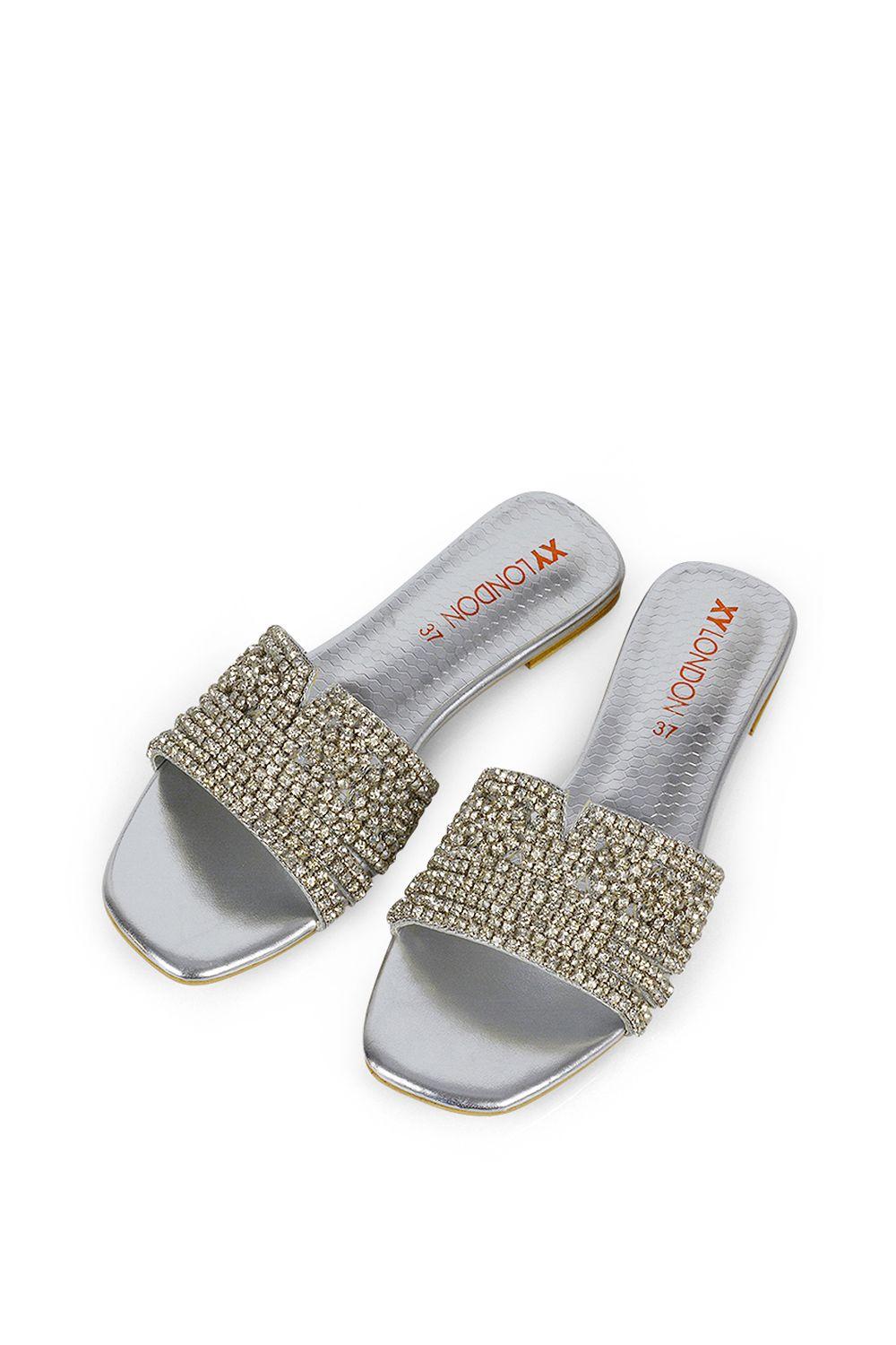 'Sam' Sparkly Front Strap Slip On Flat Diamante Sandals by XY LONDON