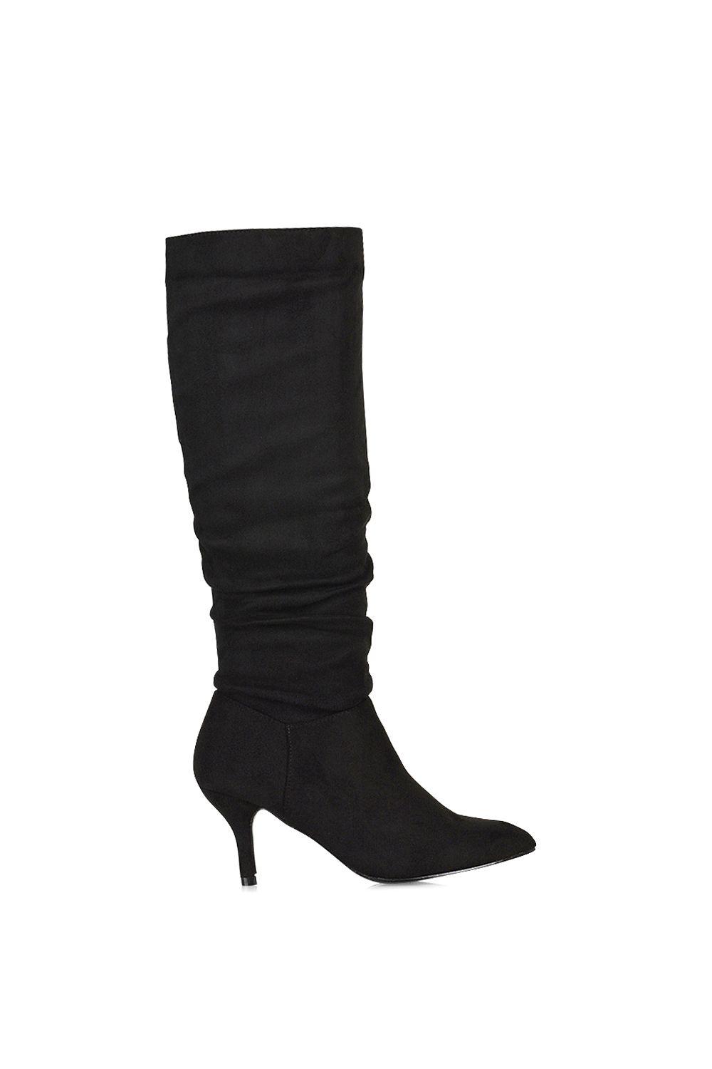'Sian' Ruched Knee High Pointed Mid Stiletto Heel Boots by XY LONDON